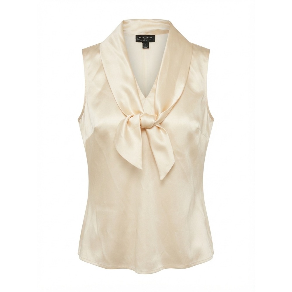Silk Blouse Women 8 Cream Tie Neck Satin Sleeveless Shell Good